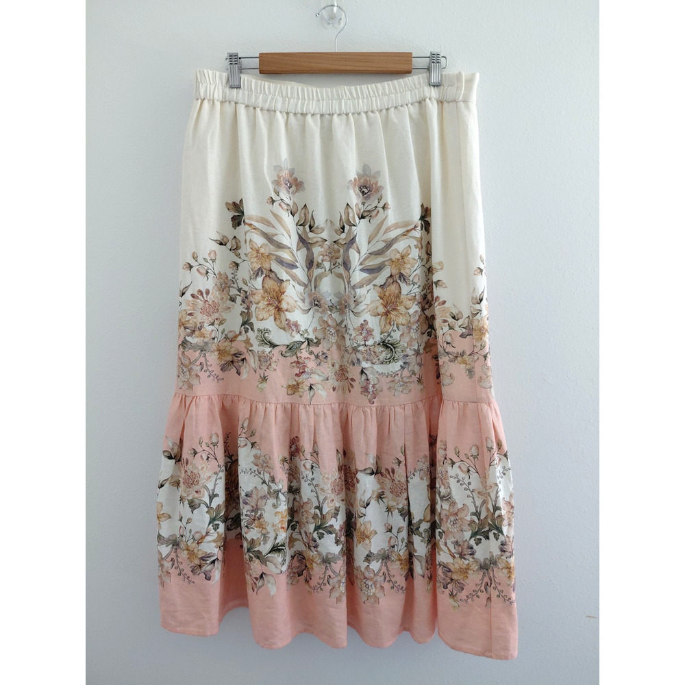 House of Harlow 1960 Boho Floral Midi Skirt LARGE Linen Chintz Tiered Pink Girly - Picture 4 of 15